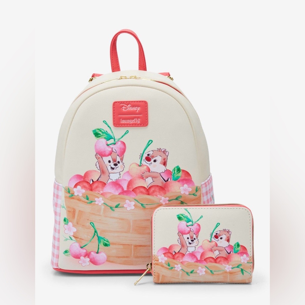 Loungelfy Disney Chip ‘N’ Dale Cherry Basket Mini Backpack and Wallet Set New